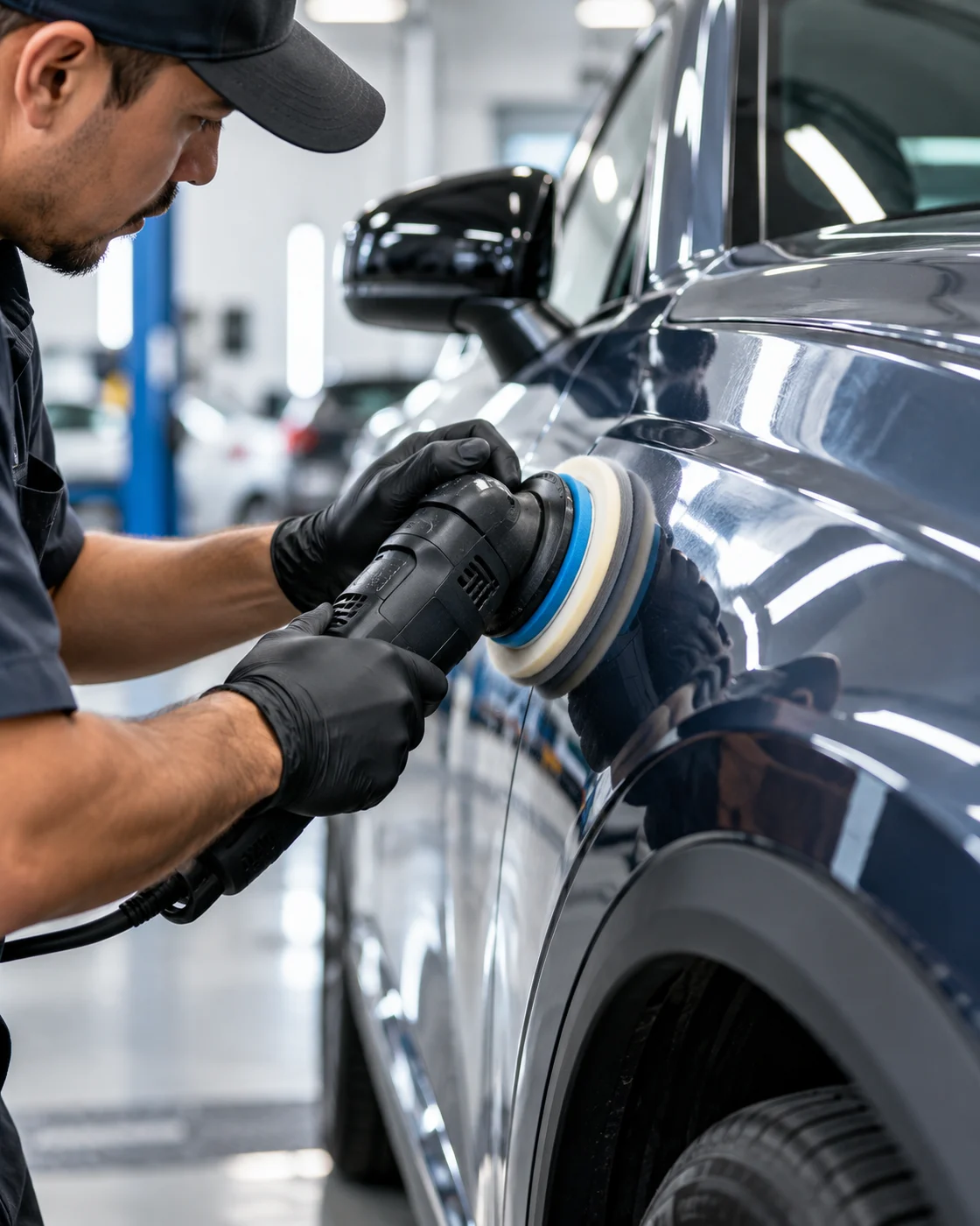 Technician polishing a vehicle body panel