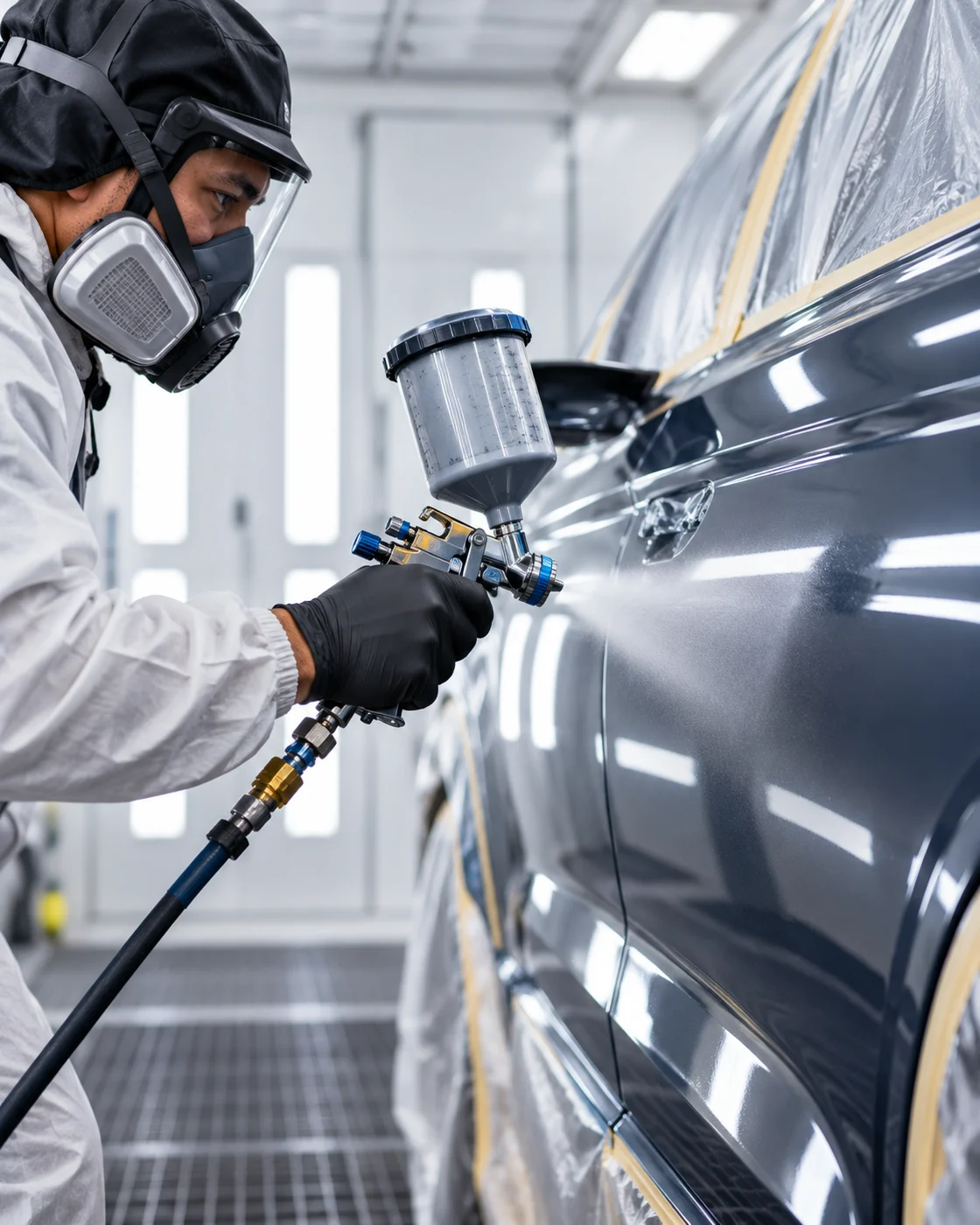 Technician spray painting a prepared vehicle panel