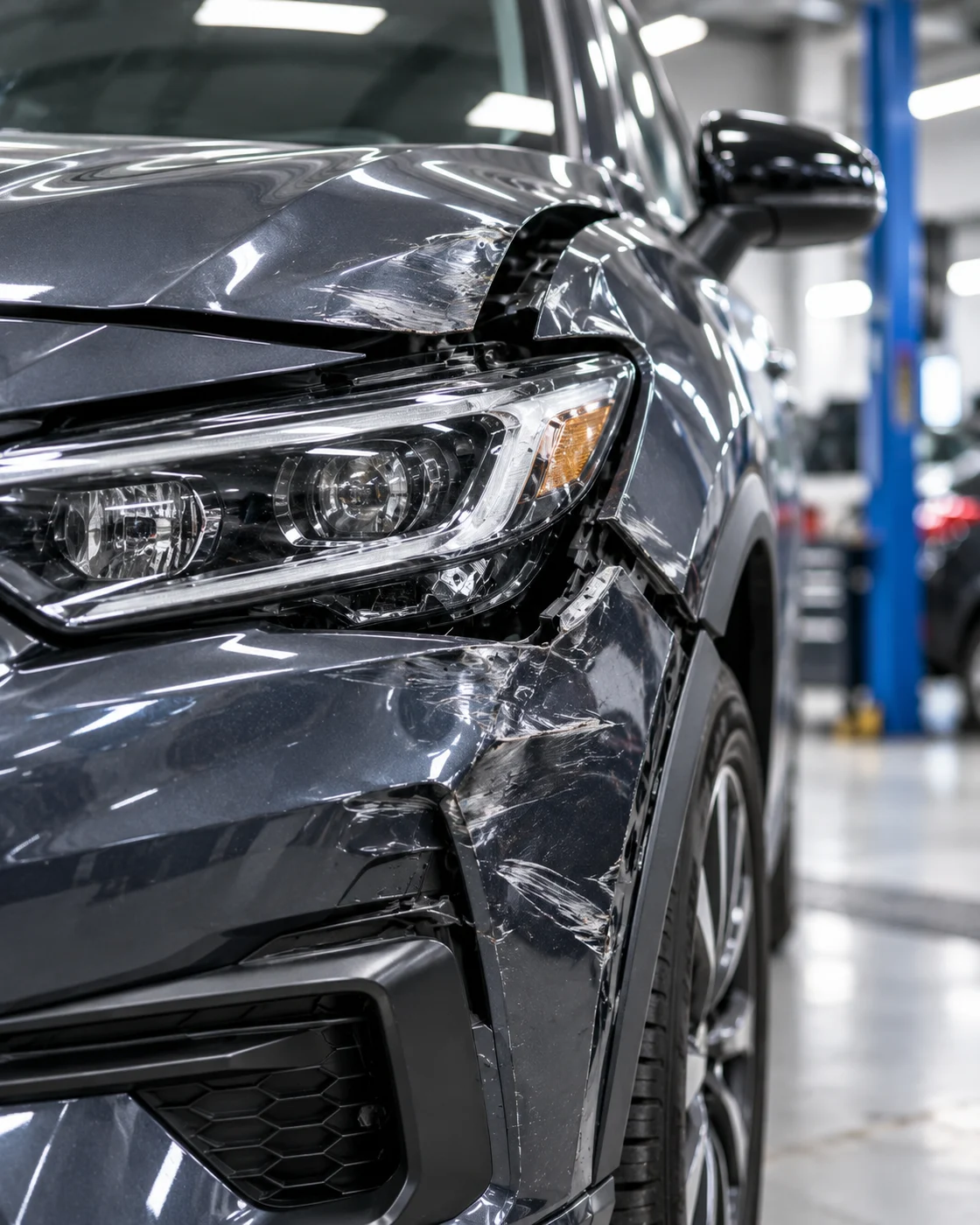 Front fender and bumper damage before collision repair
