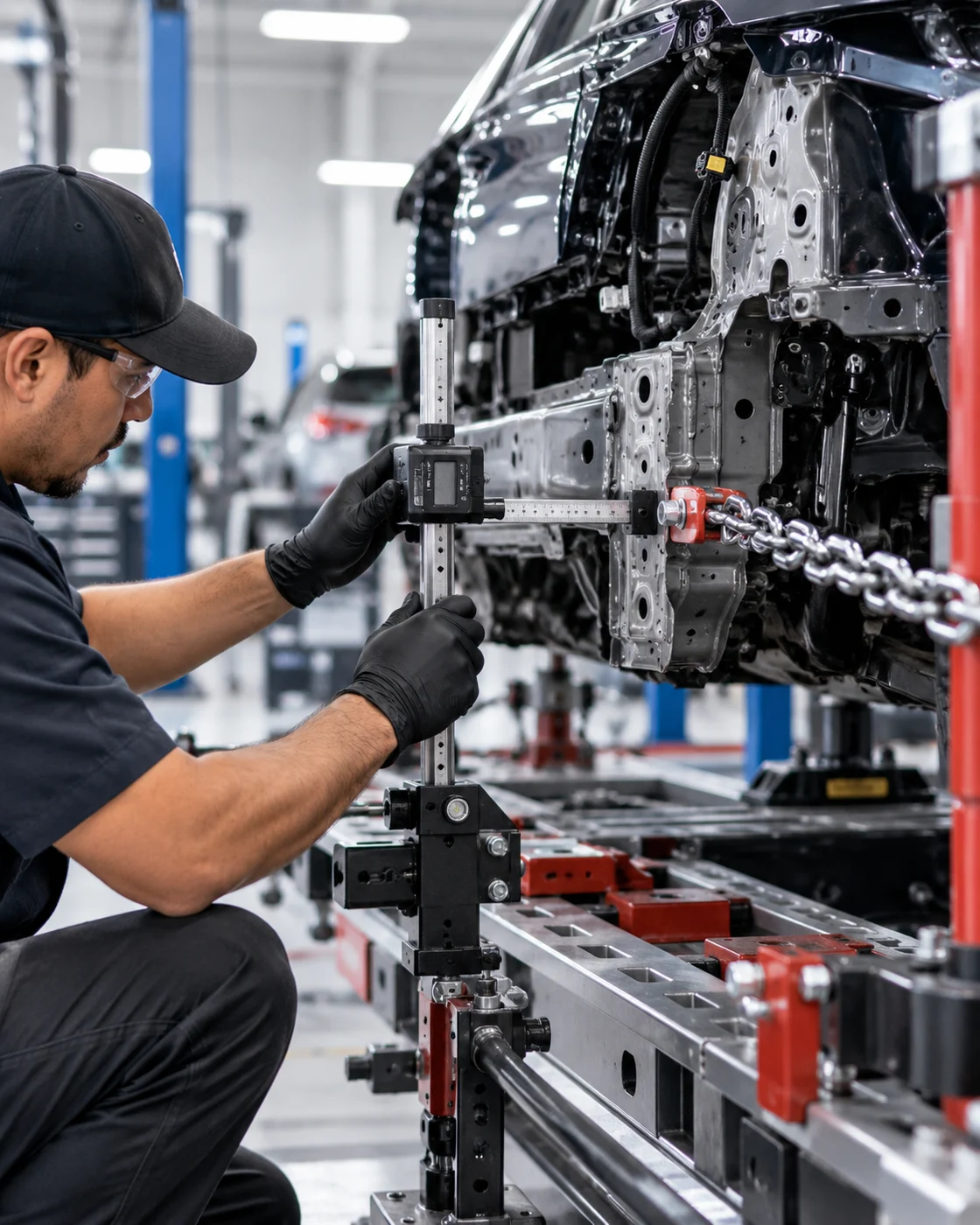Technician measuring vehicle structure on a frame repair bench