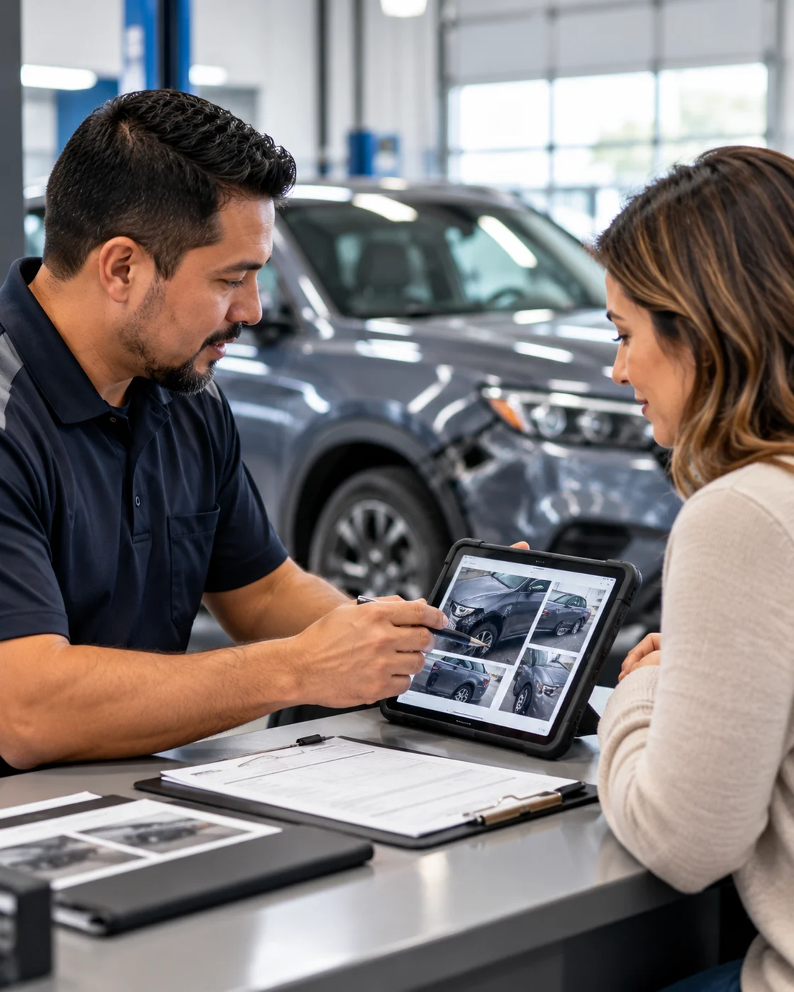 Repair advisor reviewing vehicle damage photos with a customer